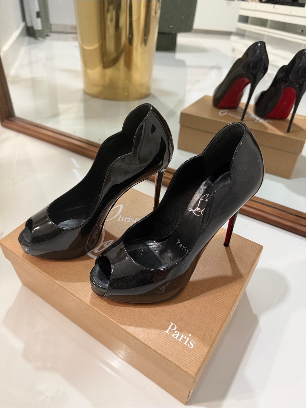 Christian Louboutin Black Patent Peep-Toe Stiletto Heels with Red Sole